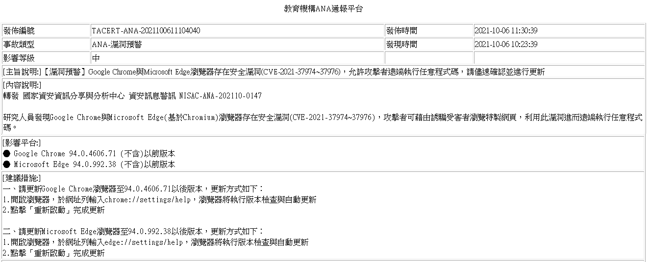 教育機構ANA通報平台-TACERT-ANA-2021100611104040